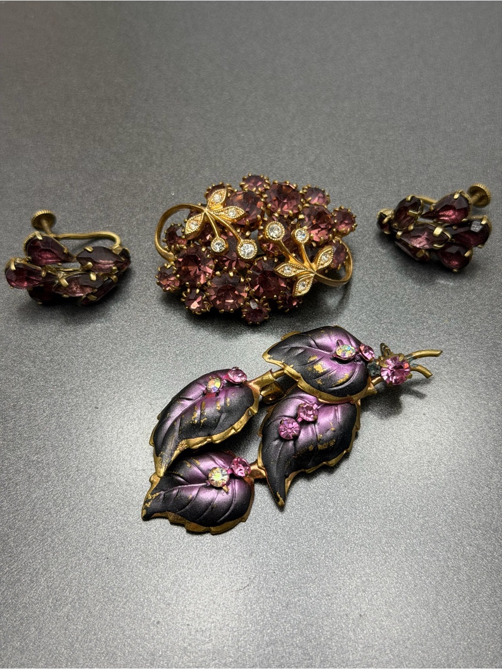 Vintage Purple Leaf and Crystal Brooch Set  #cz541